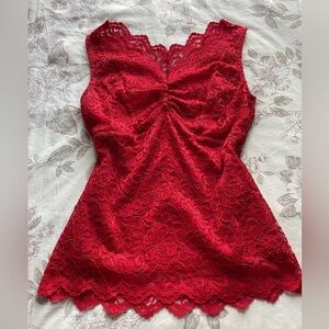 Suzy Shier Red Lace Overlay Babydoll Ruched Blouse Top Small Vamp Goth Witch